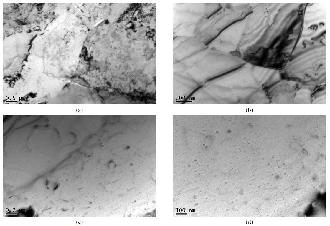 Fig. 2.8.2. TEM micrographs of 9 Cr Fe-base ODS alloy specimens showing (a), (b) grain structure, and (c), (d) fine oxide dispersion within grain.