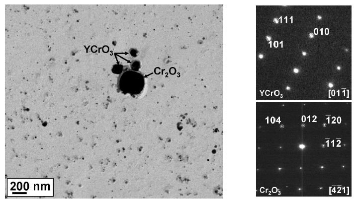 Fig. 2.8.4. TEM Image of the oxide particles taken by carbon extraction replica sampleand SAD patterns from YCrO3andCr2O3particles