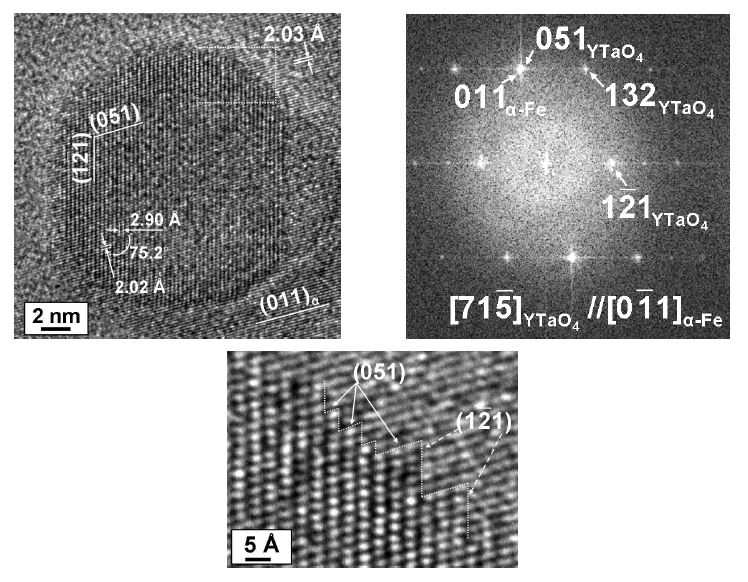 Fig. 2.8.9. HRTEM image shows an YTaO4 particle with size of ~15nm. Thecorresponding FFT image and ledged interface structure are shown.