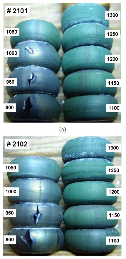 Fig. 2.10.4. Hot workability test samples of (a) # 2101 and (b) # 2102after compression tests at nine different test temperatures