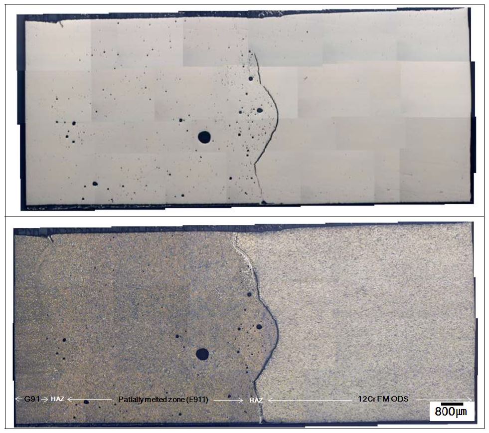 Fig. 2.10.23. Cross section of welded region between ODS and Gr 91 steel.