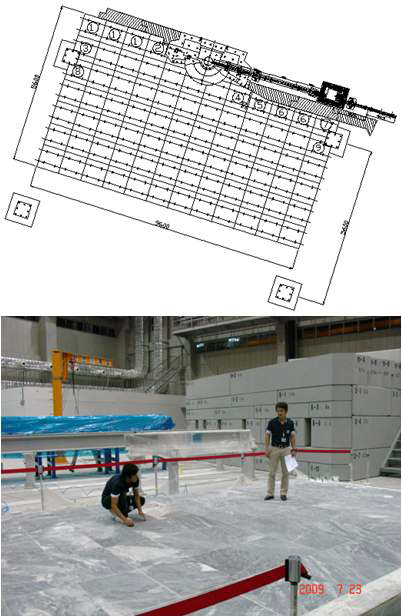 그림 1.31 냉중성자 삼축분광장치 댄스 플로어 도면과 설치 후 레벨 측정 사진