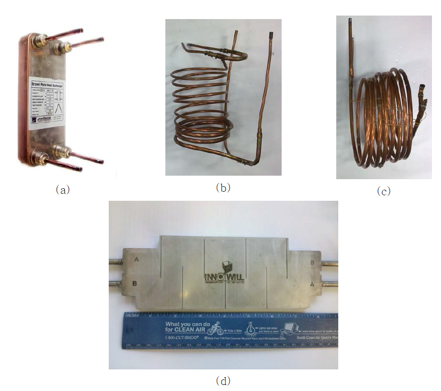 Candidated heat exchangers; (a) Brazed plate heat exchanger, (b) tubes-in-of 1/4 inch size, (c) tubes-in-tube heat exchanger of 3/8 inch size, (d) Printed circuit heat exchanger