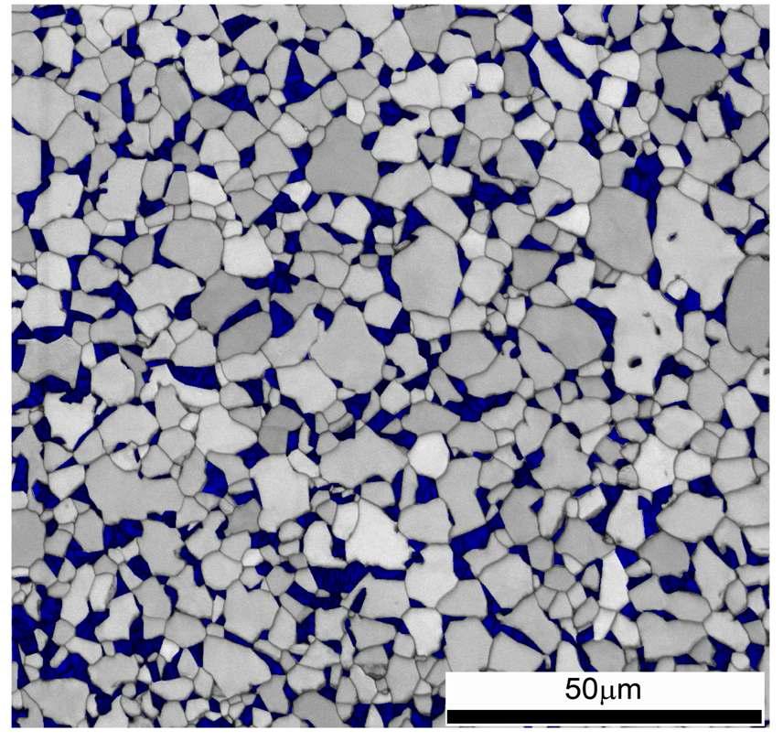 Band contrast image for martensite selection in DP steel. Blue color indicates martensite phase