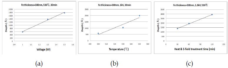 인가된 (a) 전기장, (b) 온도, (c) 처리시간에 따른 식각 깊이