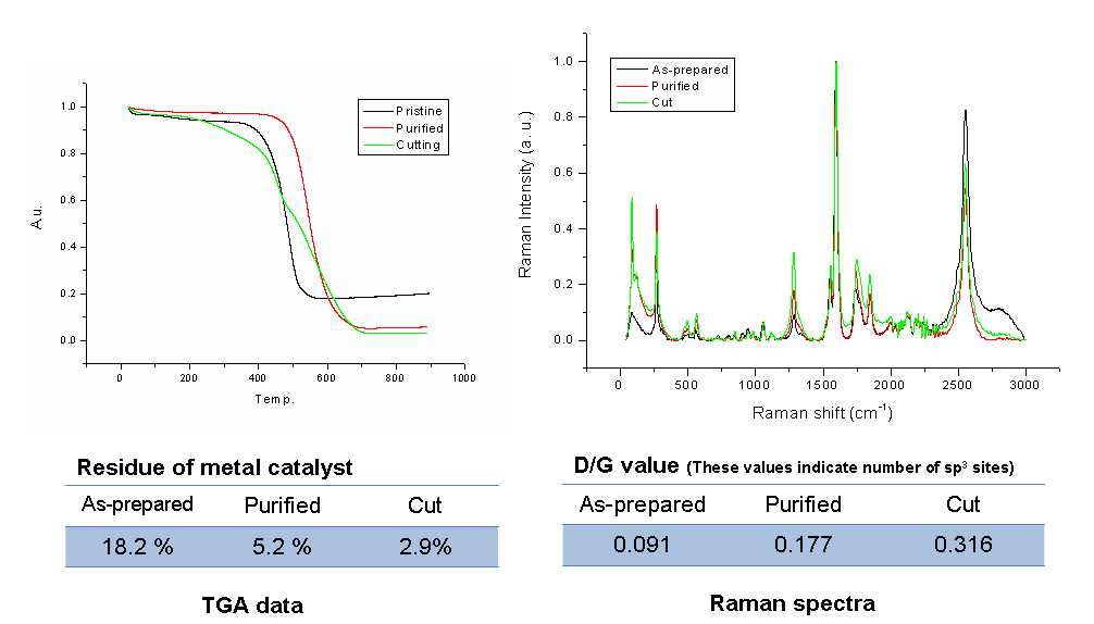 pristine 탄소나노튜브의 산처리, cutting 과정에 따른 불순물 포함 비율 (TGA)과 탄소나노튜브 표면에 발생하는 결함구조 결과 (Raman spectroscopy)