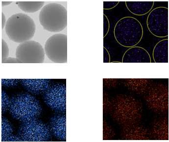 SiO2/SiO2-xNx 입자의 TEM image 및 원소 mapping image: 질소(오른쪽 위), 실리콘(왼쪽 아래), 산소(오른쪽 아래)