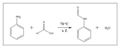 Aniline의 N-formylation 반응이 진행되는 모식도, 섭씨 70 도에서 solvent free 반응으로 진행