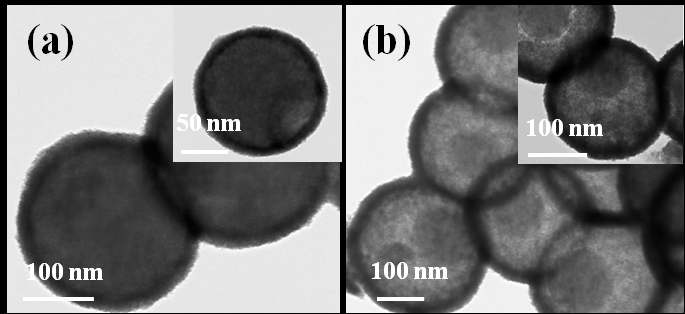 (a) SiO2@CeO2와 (b) yolk-shell ys-SiO2@CeO2의 TEM 사진