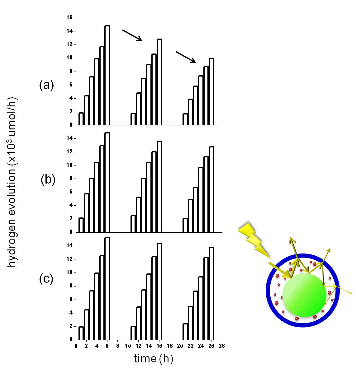 시간에 따른 수소 발생량: (a) SiO2@TiO2-Pt, (b) SiO2@Pt-TiO2, (c) ys-SiO2@TiO2