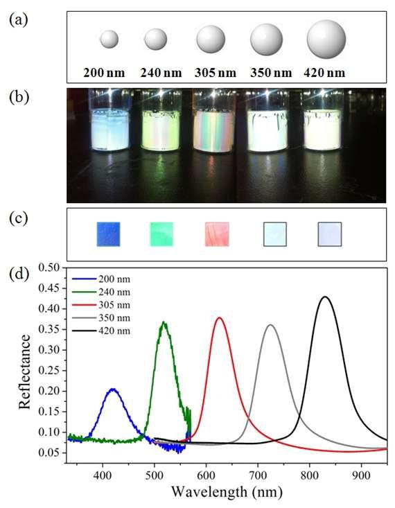 서로 다른 지름을 갖는 구형 실리카 입자가 쌓여서 보이는 광학적 특성 (a) 구형 core SiO2의 실제 비율에 맞춘 모식도, (b) self-assembly 방법으로 둥근 바이알의 벽면에 core SiO2를 쌓은 후 수직방향으로 빛을 쪼여 반사된 색깔을 찍은 사진, (c) core SiO2를 슬라이드 글라스 표면에 쌓은 후 빛을 주어서 반사된 색깔을 찍은 사진, (d) 각각의 core SiO2로 제작한 광 결정의 reflection spectra