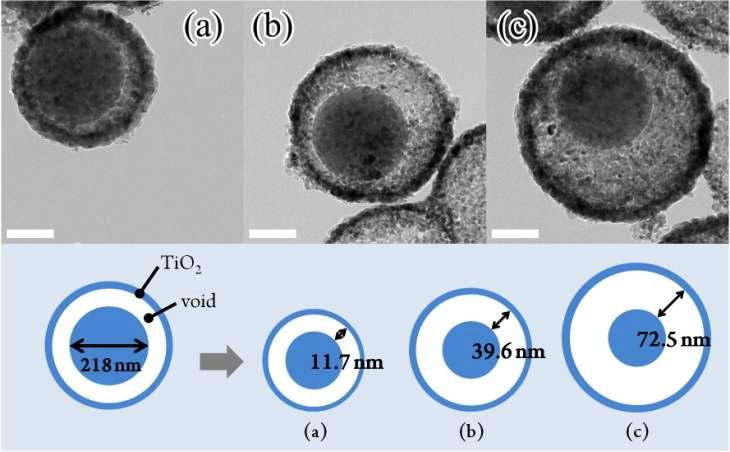 이동 가능한 core SiO2를 갖는 hollow titania. CS-SiO2의 평균 지름 값은 218 nm로 모두 같으며, 쉘 두께는 각각 (a) 11.7 nm, (b) 39.6 nm, (c) 72.5 nm