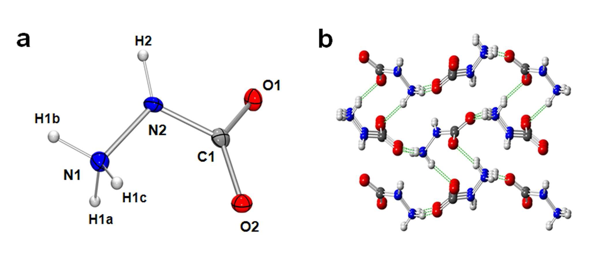 H3N+NHCO2-의 X-ray 결정 구조. a. HC의 분자구조, 몇 가지 선택된 결합길 이와 결합각. b. H3N+NHCO2-에서 존재하는 수소 결합 모형도: 공유결합은 실선, 녹색점선은 2.0Å 이하의 H-O간의 수소 결합을 표시함. 구조의 명확성을 위해 2.0Å 이상의 결합은 생략 하였고, 붉은색, 파랑색, 회색, 및 옅은 핑크 색 구는 각각 산소 질소, 탄소 및 수소를 의미함