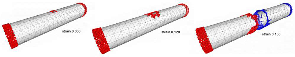 그림 64. 적응격자 세분화 기법에 의한 준연속체 방법 - 단일벽 탄소나노튜브의 파단 해석