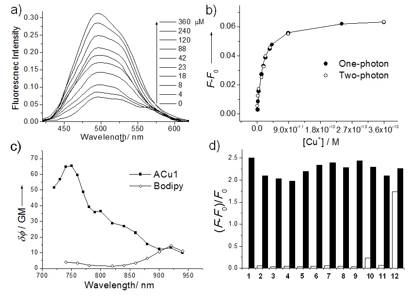 Figure 22. (a) Two-photon fluorescence spectra, (b) one- (●) andtwo-photon (○) fluorescence titration curves for the complexation ofACu1 with free Cu+(0-360 pM) in HEPES buffer ([HEPES] = 20mM, [thiourea] = 100 mM, pH 7.0). (c) Two-photon actionspectrum of ACu1 (2 μM) in the presence of Cu+(2 μM) and (d)relative fluorescence intensity of ACu1 (2 μM) in the presence ofNa+, K+, Mg2+, Ca2+(1 mM), Hg2+(2μM), and other cations (50 μM)(empty bars) followed by the addition of Cu+(2μM) (filled bars) in20 mM HEPES buffer (pH 7.0). 1) Cu+; 2) Na+; 3) K+; 4) Mg2+; 5)Ca2+; 6) Mn2+; 7) Fe2+; 8) Co2+; 9) Ni2+; 10) Cu2+; 11) Zn2+, 12)Hg2+. The excitation wavelengths for one- and two-photonprocesses were 365 and 750 nm, respectively