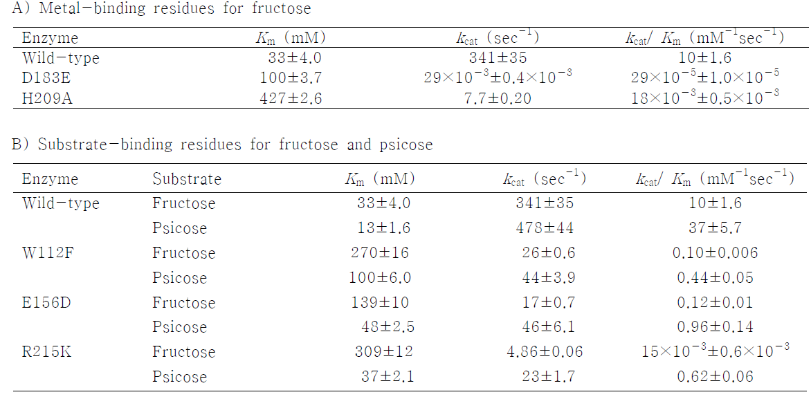 Active site 잔기에 대한 wild-type 및 돌연변이 효소의 kinetic parameters
