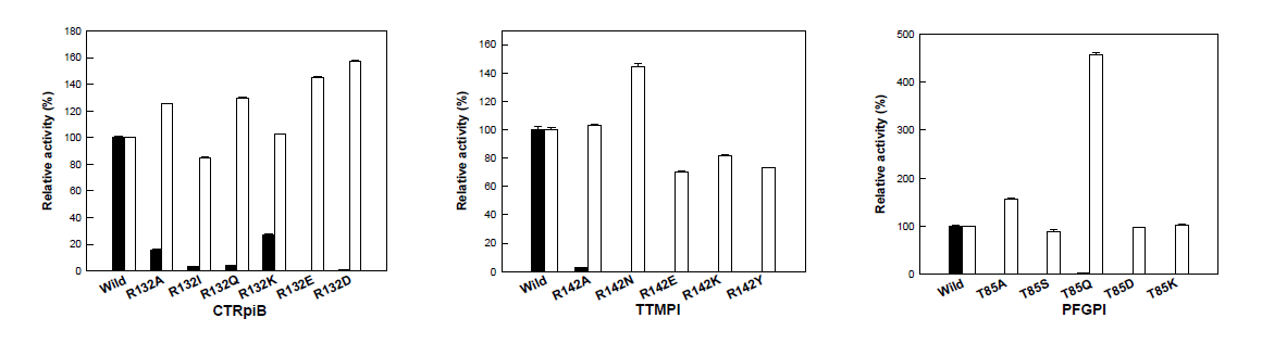 Relative activities of the mutant enzymes of CTRpiB Arg132, TTMPI Arg142, and PFGPI Thr85 for phosphate sugars and monosaccharides. The relative activities of 100% for ribose-5-phosphate and L-talose were 222 and 7.4 μmol min–1 mg–1, respectively. The relative activities of 100% for mannose-6-phosphate and D-talose were 75 and 1.6 μmolmin–1 mg–1, respectively. The 100% relative activities for glucose-6-phosphate and L-talose were 375 and 0.6 μ mol min–1 mg–1, respectively. The black and white bars represent relative activities for phosphate sugar and monosaccharide, respectively