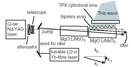 Q-switched Nd:YAG 레이저 기반의 광 주입형 THz파 parametric 발생 장치. (Ref. Kawase et al., Optics Express 11, 2549 (2003))