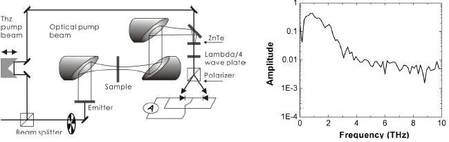 전기광학적 방법을 이용한 테라헤르츠 분광시스템과 이를 이용해 획득한 테라헤르츠 전자기파 신호.
