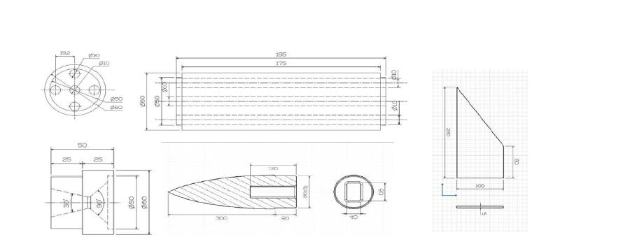 축소형 하이브리드 로켓 부품 도면 (위로부터 시계방향 : 연료 그레인, 핀, 노즈콘, 노즐)