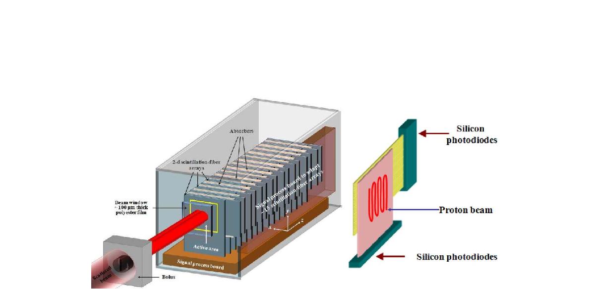 다중겹 섬광섬유 어레이로 구성된 치료빔 검증 검출장치의 개요도.