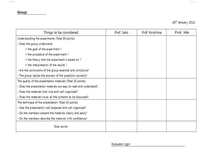 연수학생들에 대한 실험결과발표 평가표