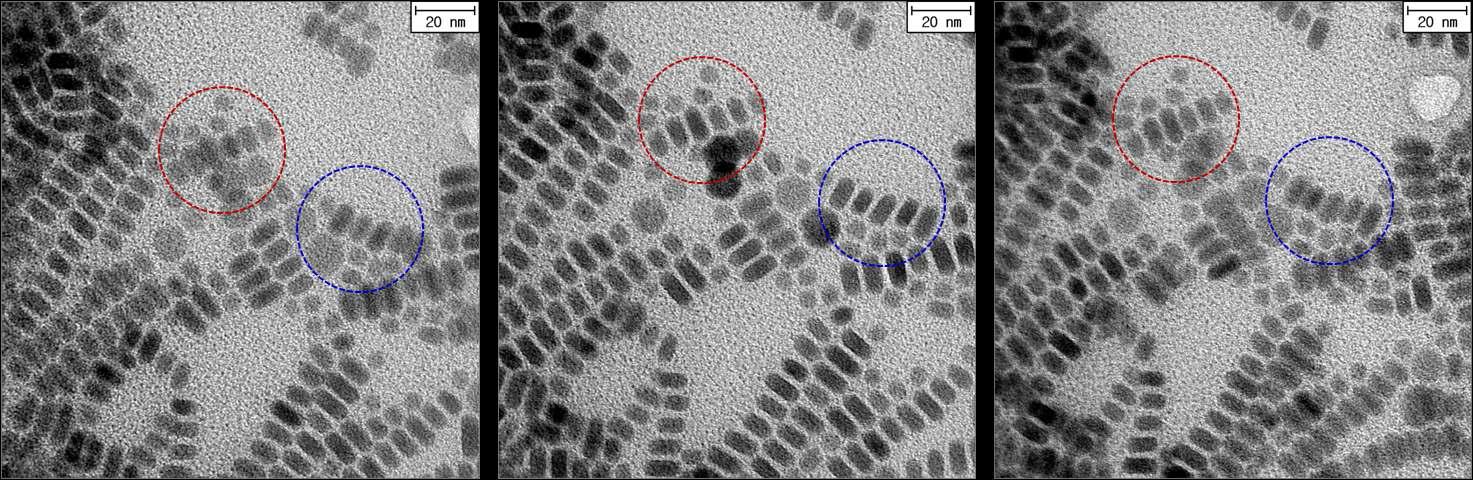 육각형 모양의 Cu2S 나노판의 TEM 이미지: (좌) -27°, (중) 0°, (우) +27°.