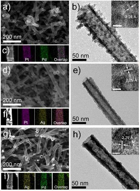 이중 금속 나노입자의 3차원 자기정렬: (a-c)Pt-Pd, (d-f) Pt-Ag, (g-i) Pd-Ag.