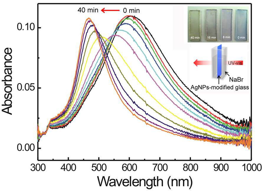 삼각 프리즘 모양의 은 나노입자가 어셈블리 된 유리 기판을 5.0 × 10-7M NaBr 용액에 일정한 속도로 담그면서 4분 간격으로 측정한 UV-vis 스펙트럼.