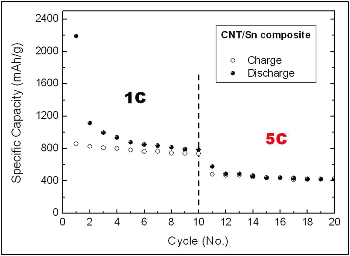 합성된 CNT/Sn 복합 나노구조체의 전기화학적 특성 평가