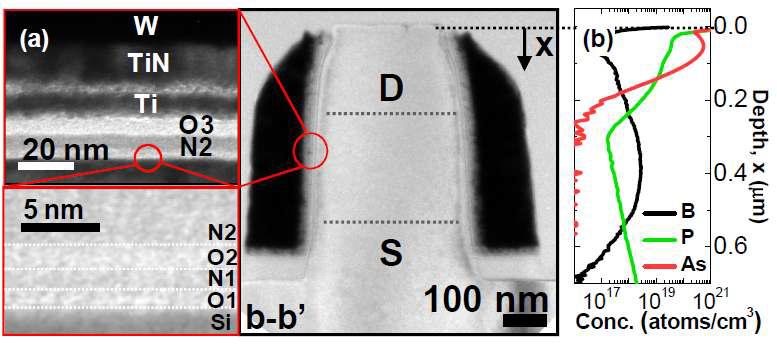 (a) 제작된 수직형 융합메모리 셀의 TEM 사진. (b) 드레인 부터 소스 사이의 SIMS profile.