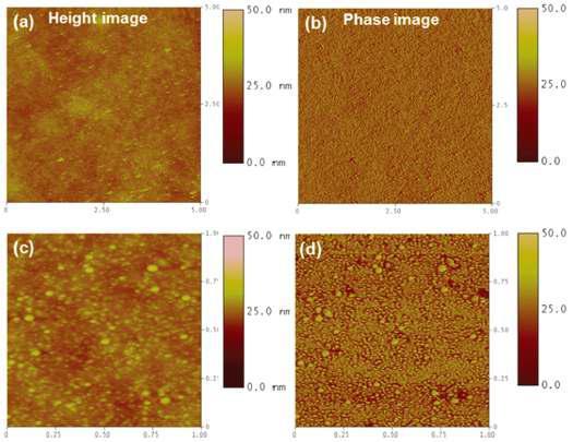 PEDOT:PSS/Ag 나노복합체 박막의 AFM 사진: (a),(c) topography 및 (b),(d) phase image.