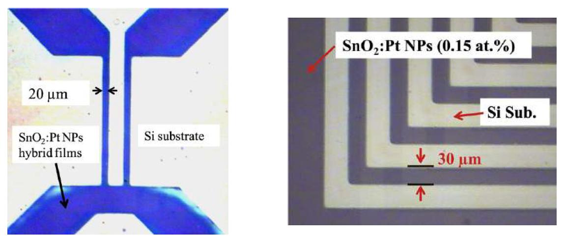 SnO2/Pt 나노하이브리드 박막의 직접패턴 사진.
