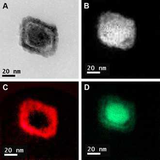 MnO template에 성장시킨 (Fe,Mn)3O4 의 TEM image (a), STEM (b)및 EDX elemantal map iron (red) (c), manganese (green) (d).