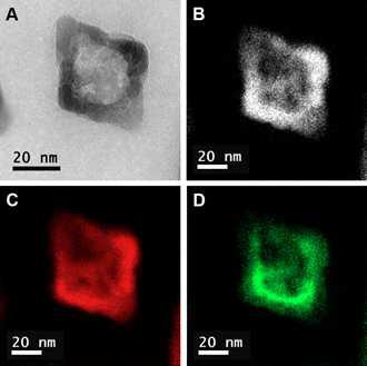 MnO template를 제거 한 후 중공구조 (Fe,Mn)3O4 의 TEM image (a), STEM (b)및 EDX elemantal map iron (red) (c), manganese (green) (d).