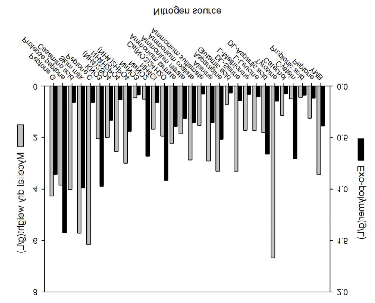 Mycelial dry weight and exo-polysaccharide production depending on nitrogen source. (YMB, YM Broth)