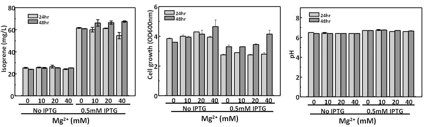 Mg2+ 이온 농도에 따른 이소프렌 생산성 비교.