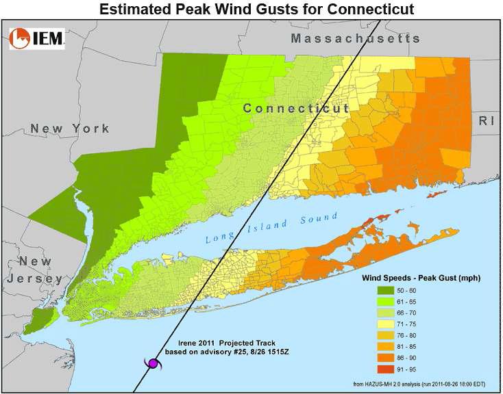 A map showing the top wind speeds in the counties affected by Irene.