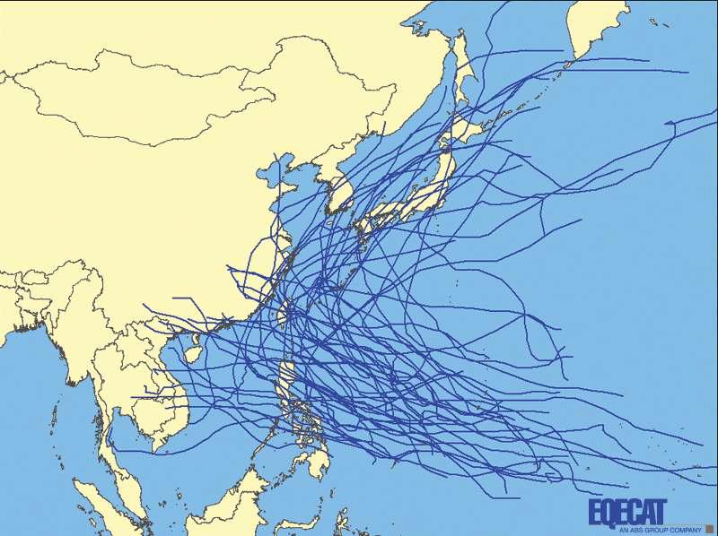 EQECAT의 아시아 태풍 모형. 1945년 이후 발생한 기록적인 태풍 정보를 갖추고 있음.