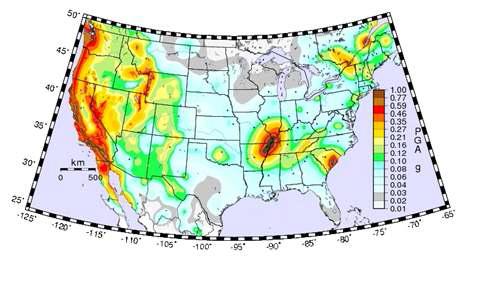 미국 지진재해지도. Probabilistic ground motion map for Peak Ground Acceleration (PGA) with 2% in 50 year PE. BC