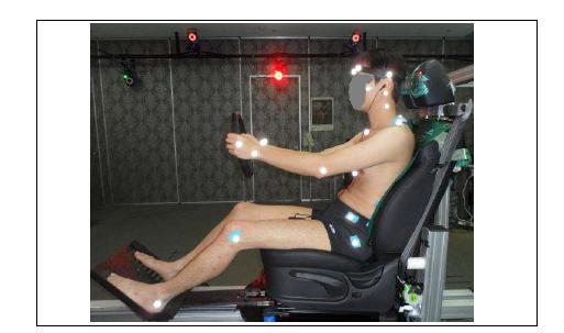 Posture of human subject on the sled around VICON motion capture cameras(installed)