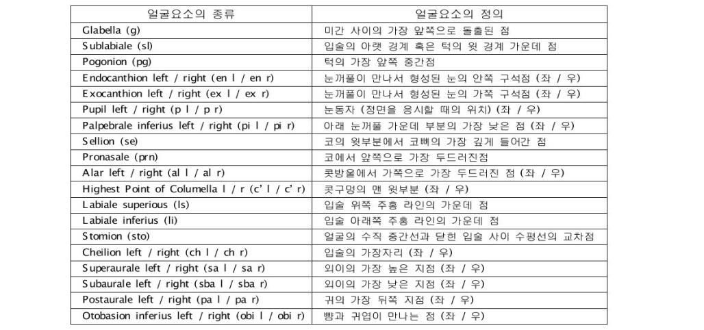 얼굴요소의 종류와 정의