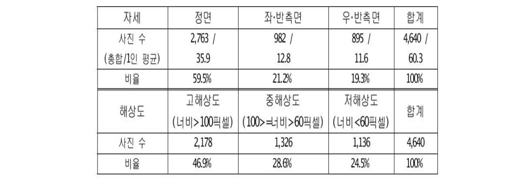 제공 사진의 자세별, 해상도별 사진 수 및 비율