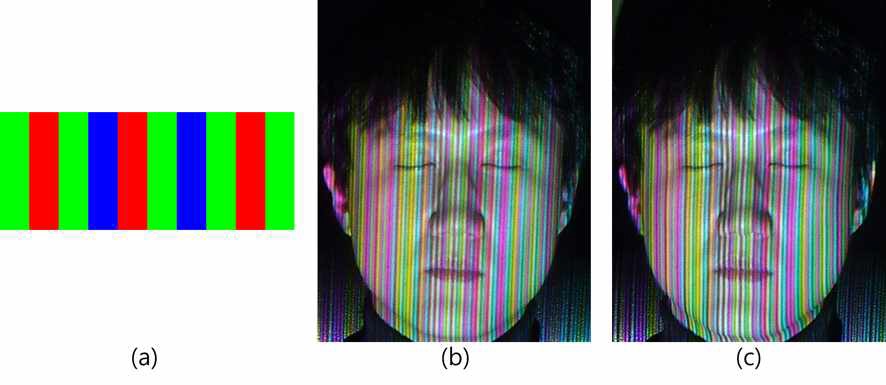 그림 6 . (a) Color stripe (b) Left image. (c) Right image