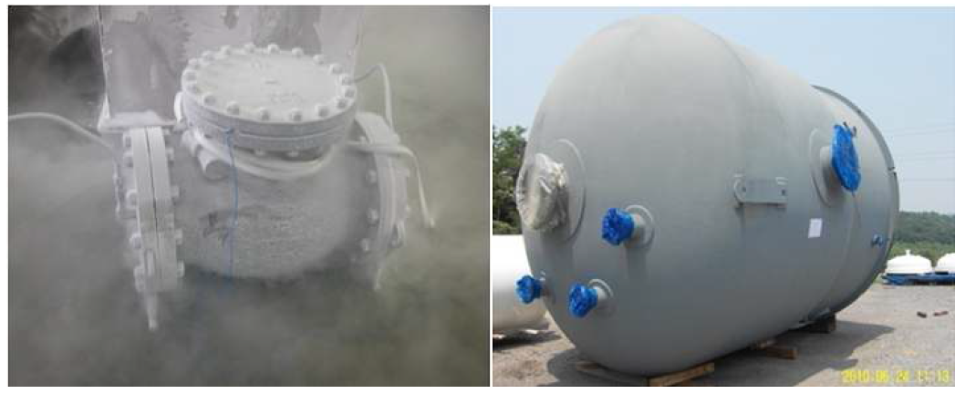 밸브 성능 시험 설비 단기 기자재 : Cryogenic valve(좌), Safety valve test drum(우)