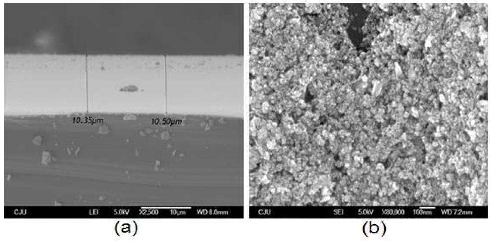 Ag 기반의 전도성 막 코팅 실험 결과; (a) Ag 코팅 막 두께 측정, (b) Ag 코팅막 표면 입자 분포 측정