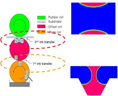 R2R 그라비아 옵셋 잉크전이 공정의 모식도 및 해석 결과