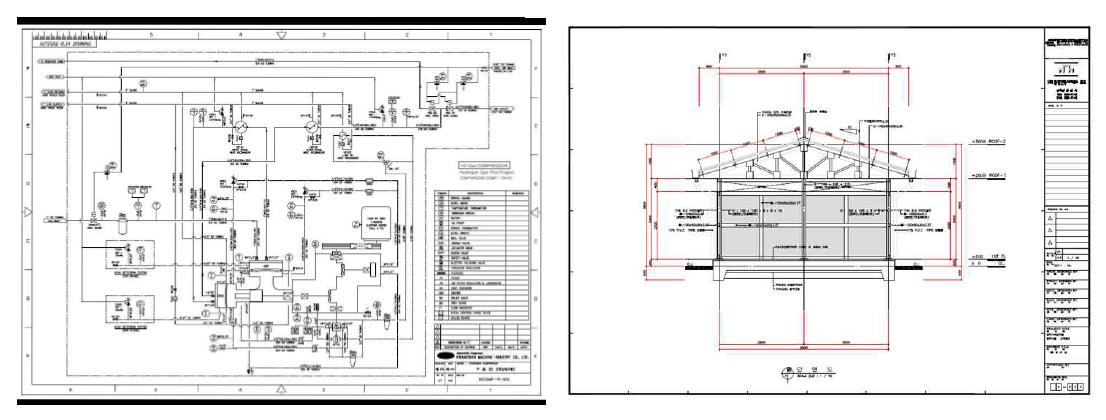 수소압축기 상세설계 도면(좌)과 설치장소 설계도(우)