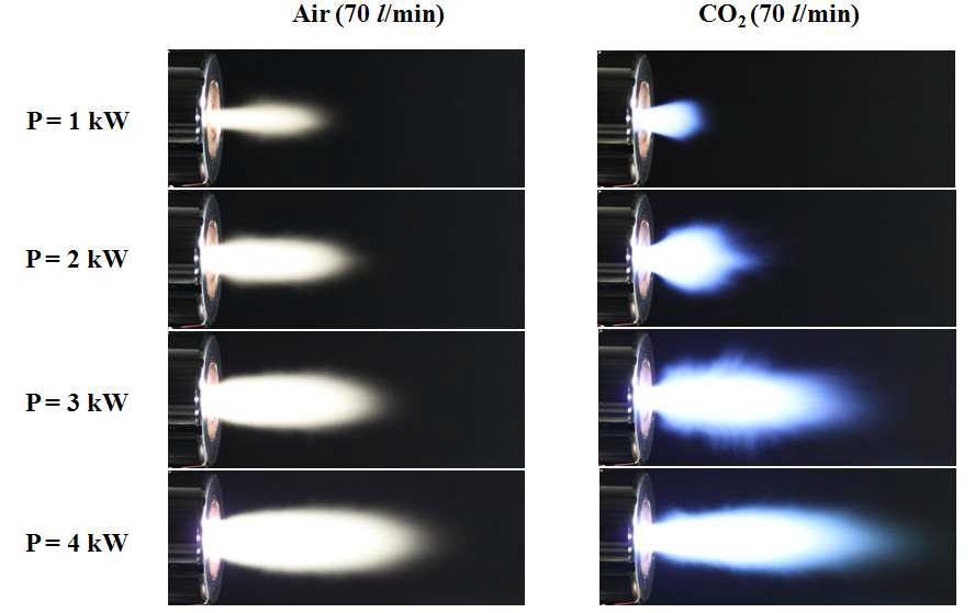 운전전력 변화에 따른 플라즈마 화염비교