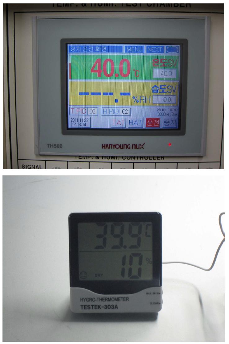 신뢰성 챔버자체 측정 온도(상) 및 별도의 온도계(하)를 통한 온도 검증